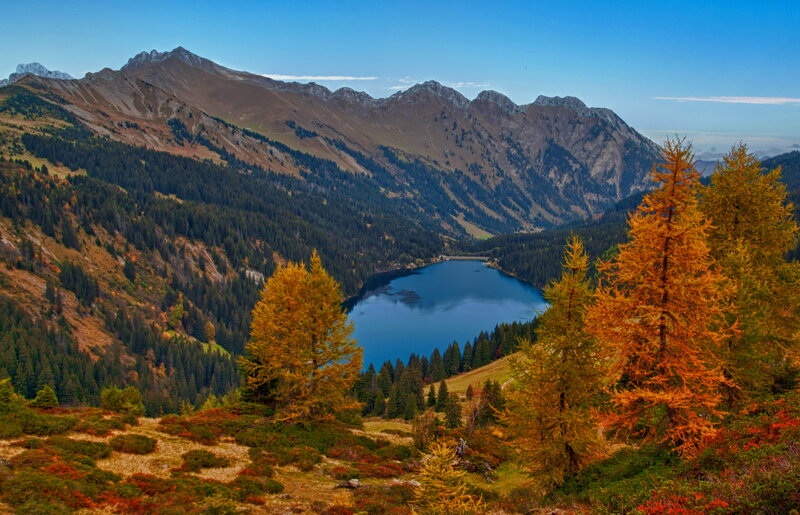 Mountain Lake in Autumn — Blue, Serene, Photograph, Trees, Mountains