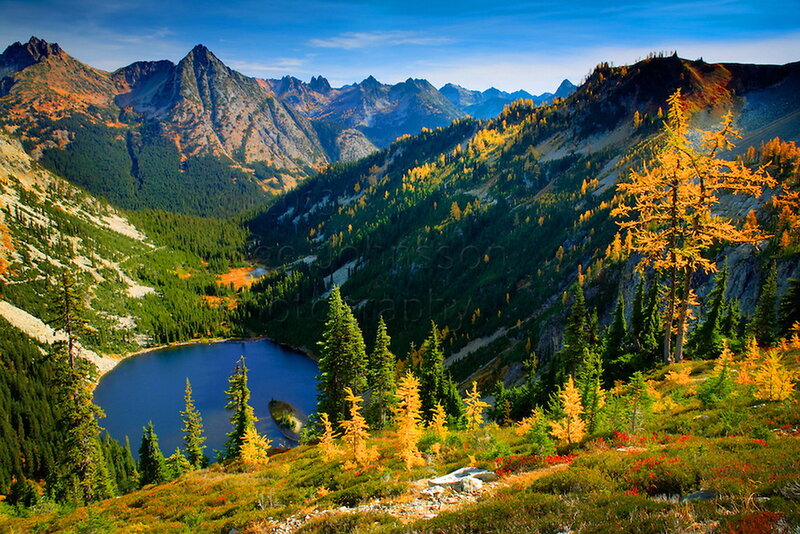 Mountain Lake in Autumn — Blue, Serene, Photograph, Trees, Mountains, Valley