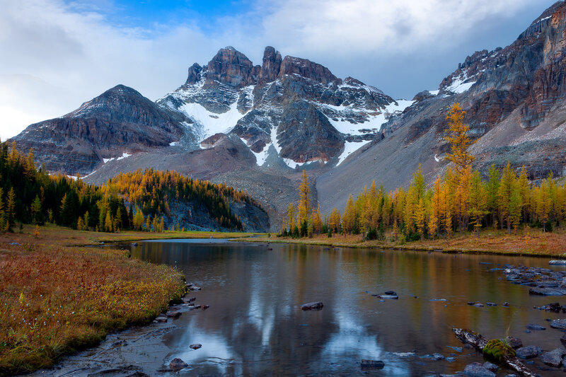Mountain Lake in Autumn — Blue, Serene, Photograph, Trees, Snow