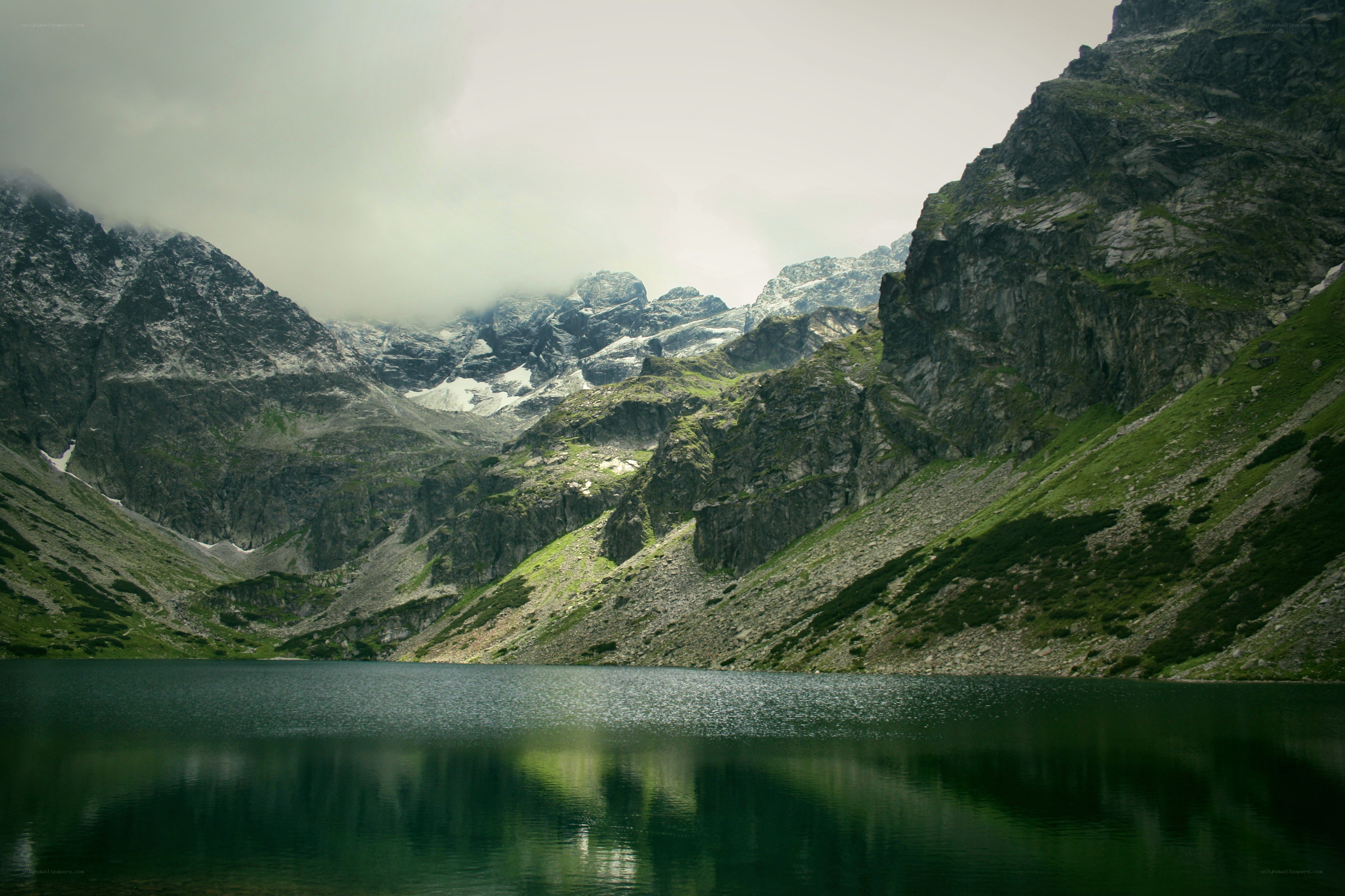 Mountain lake in cloudy weather
