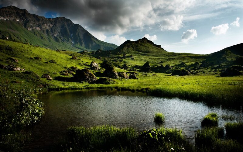Mountain Lake in Meadow — Green