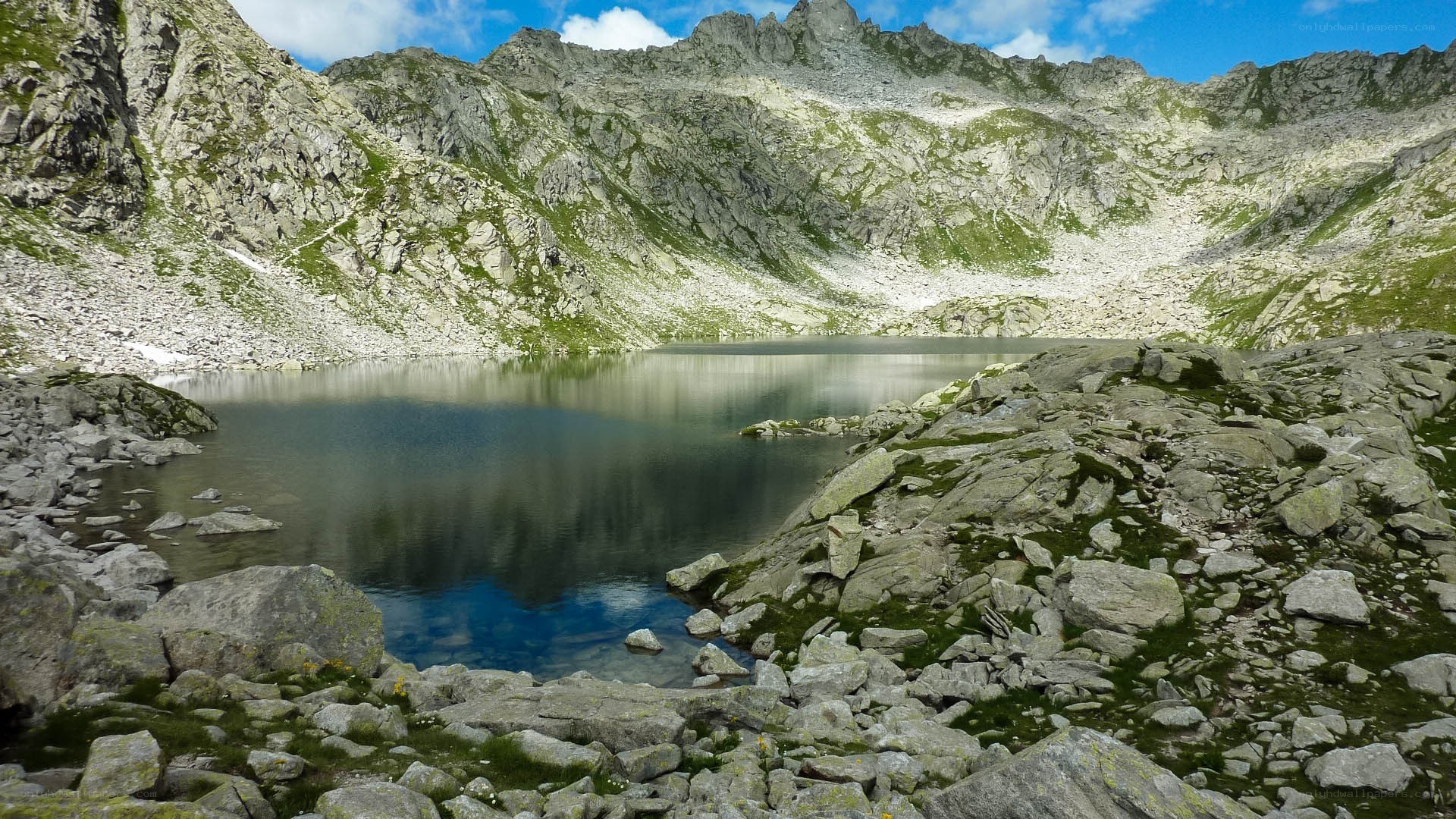 Mountain lake in rocky valley