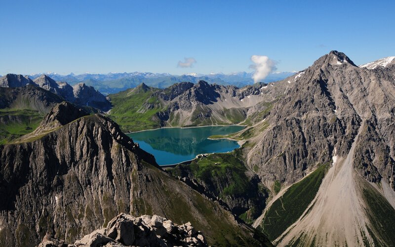 Mountain Lake in Valley — Blue, Serene, Afternoon, Photograph, Mountains, Clouds