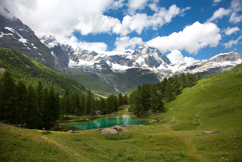 Mountain Lake in Valley — Blue, Serene, Afternoon, Photograph, Snow-capped Mountains