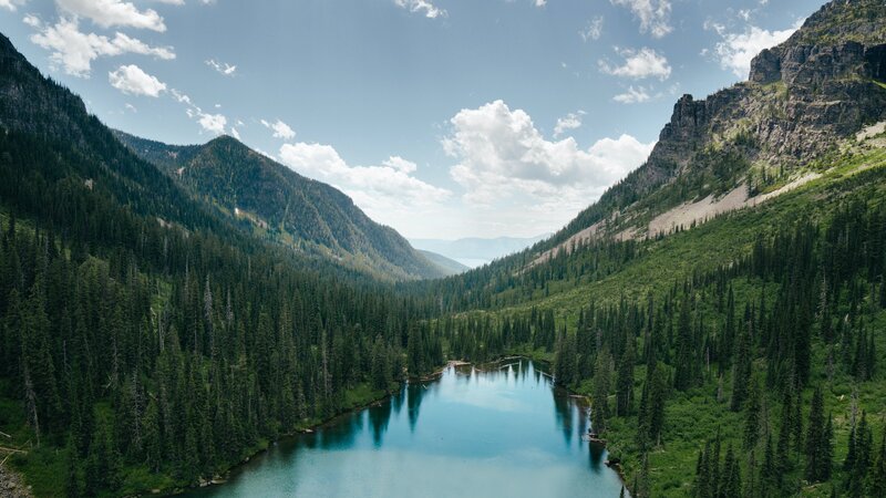 Mountain Lake in Valley — Blue, Serene, Afternoon, Photograph, Trees, Mountains