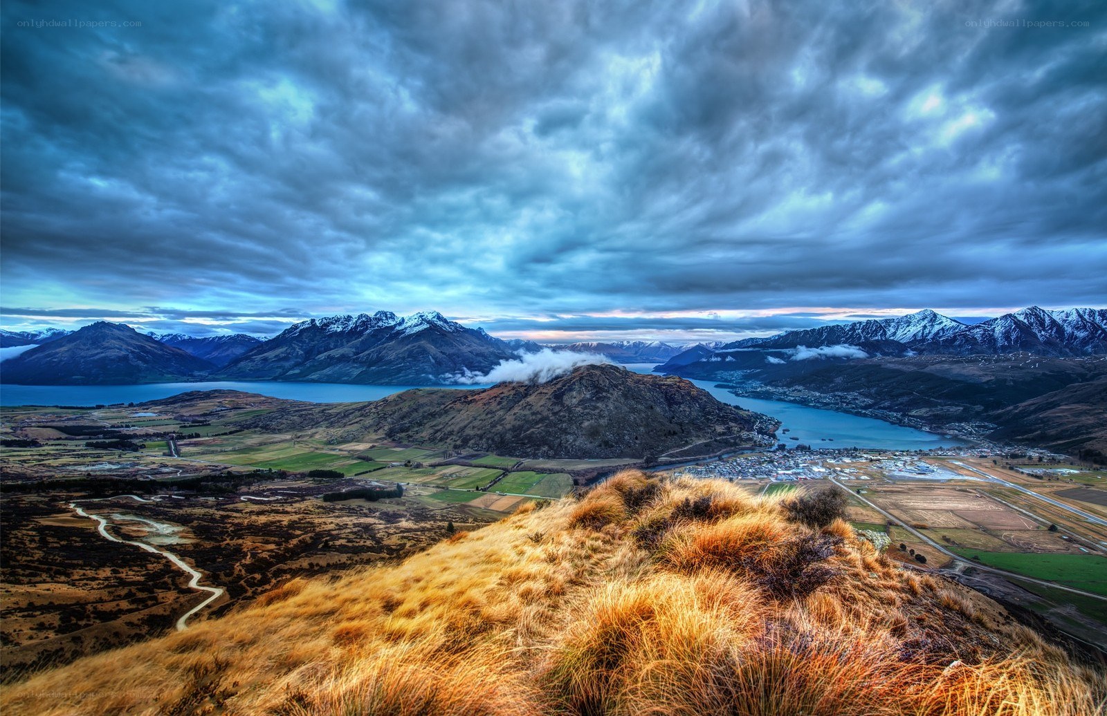 Mountain lake landscape at dusk