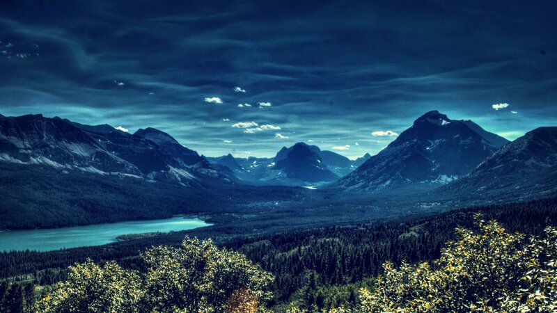 Mountain lake landscape at dusk