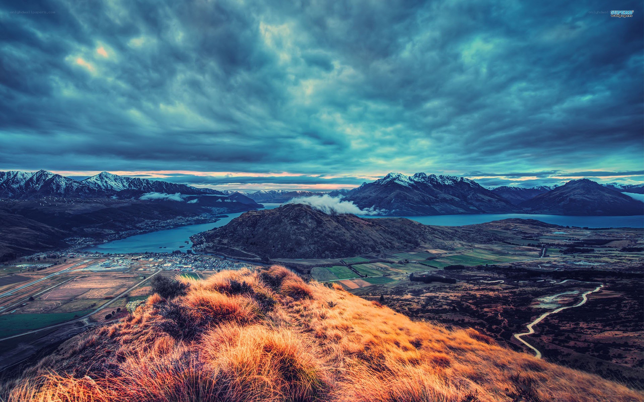 Mountain lake landscape at dusk