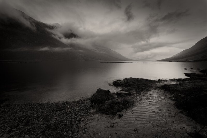Mountain Lake Landscape — Black, Dramatic, Photograph, Mountains, Clouds