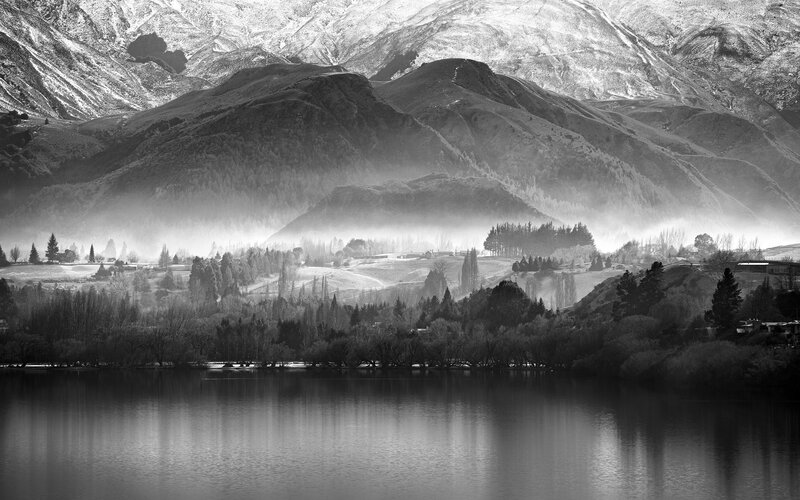 Mountain Lake Landscape — Black, Serene