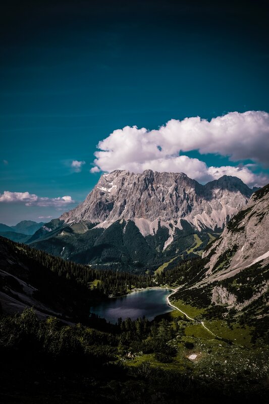 Mountain Lake Landscape — Blue, Dramatic, Afternoon, Photograph, Clouds, Forest