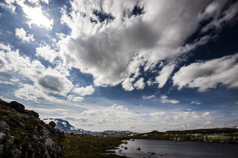 Mountain Lake Landscape — Blue, Dramatic, Afternoon, Photograph, Clouds, Mountains, Rocks
