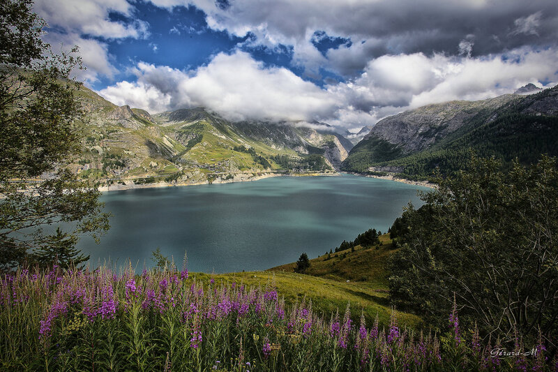 Mountain Lake Landscape — Blue, Dramatic, Afternoon, Photograph, Flowers, Clouds