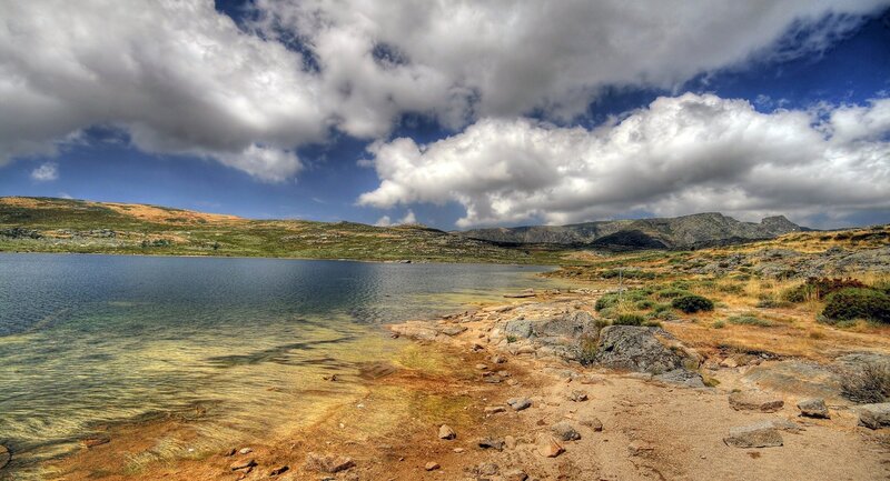 Mountain Lake Landscape — Blue, Dramatic, Afternoon, Photograph, Mountains, Clouds, Rocks