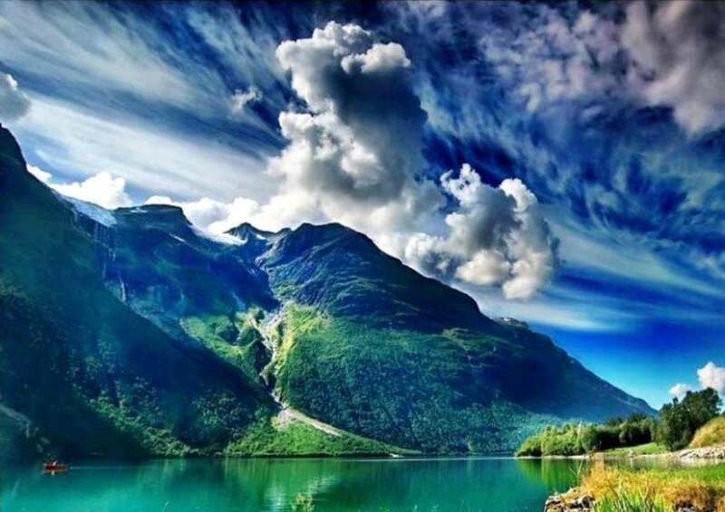 Mountain Lake Landscape — Blue, Dramatic, Afternoon, Photograph, Mountains, Clouds, Trees