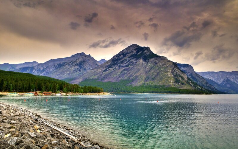 Mountain Lake Landscape — Blue, Dramatic, Afternoon, Photograph, Mountains, Forest, Boats