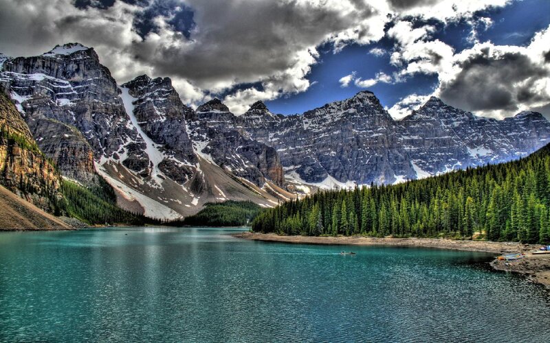 Mountain Lake Landscape — Blue, Dramatic, Afternoon, Photograph, Mountains, Forest, Clouds, Boat