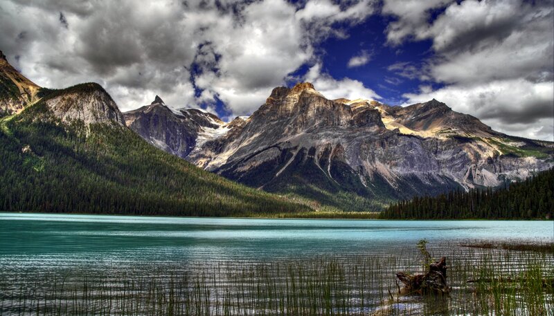 Mountain Lake Landscape — Blue, Dramatic, Afternoon, Photograph, Mountains, Forest, Clouds, Reeds