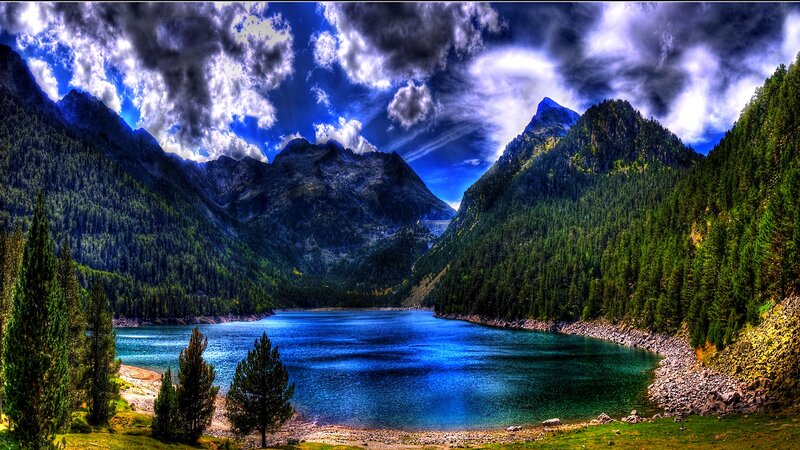 Mountain Lake Landscape — Blue, Dramatic, Afternoon, Photograph, Mountains, Forest, Clouds