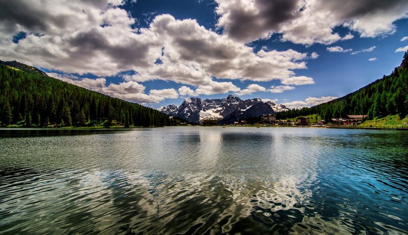 Mountain Lake Landscape — Blue, Dramatic, Afternoon, Photograph, Mountains, Forest, Village