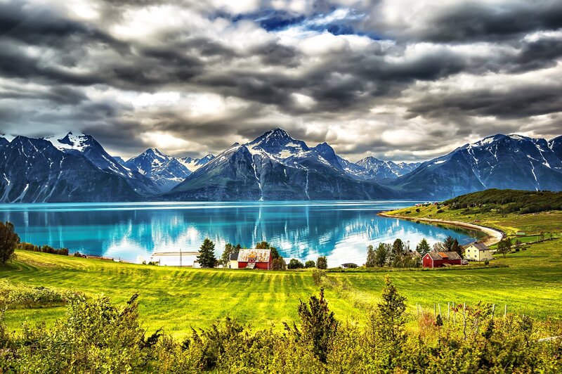 Mountain Lake Landscape — Blue, Dramatic, Afternoon, Photograph, Mountains, Houses
