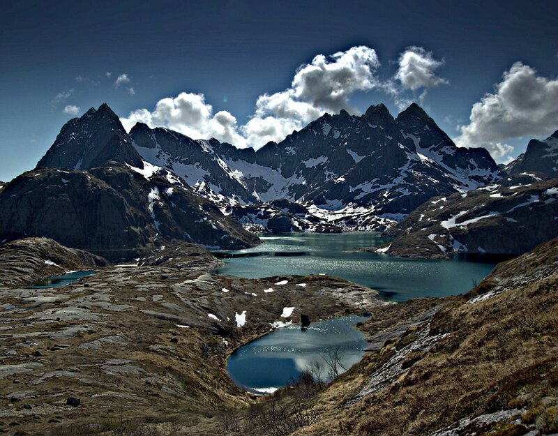 Mountain Lake Landscape — Blue, Dramatic, Afternoon, Photograph, Mountains, Lakes, Snow
