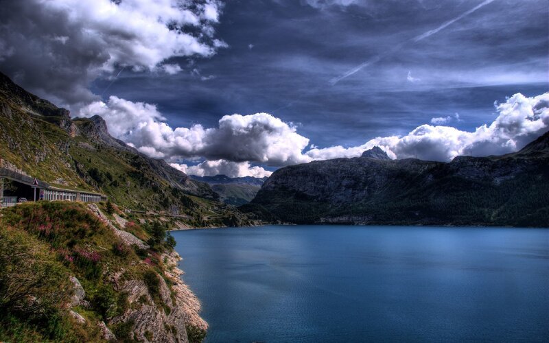 Mountain Lake Landscape — Blue, Dramatic, Afternoon, Photograph, Mountains, Road, Clouds, Green, Gray