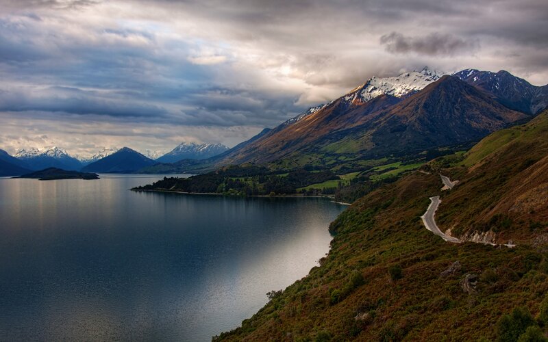 Mountain Lake Landscape — Blue, Dramatic, Afternoon, Photograph, Mountains, Road, Clouds