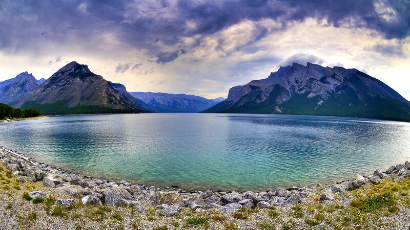 Mountain Lake Landscape — Blue, Dramatic, Afternoon, Photograph, Mountains, Rocks, Clouds