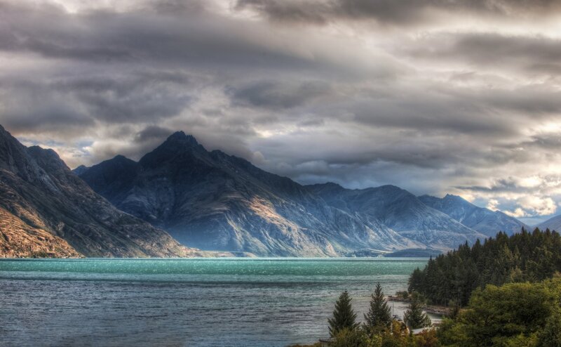 Mountain Lake Landscape — Blue, Dramatic, Afternoon, Photograph, Mountains, Trees, Clouds