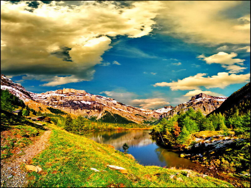Mountain Lake Landscape — Blue, Dramatic, Afternoon, Photograph, Mountains, Trees, Path