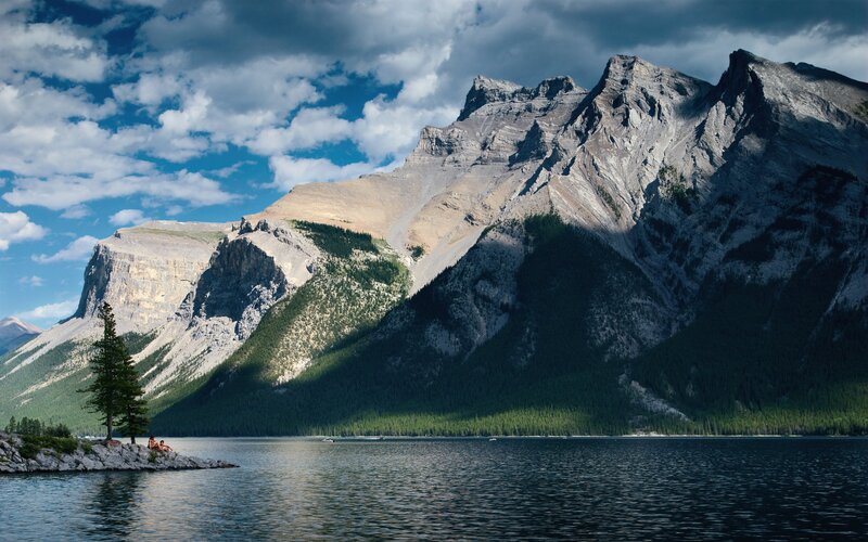 Mountain Lake Landscape — Blue, Dramatic, Afternoon, Photograph, Mountains, Trees, People