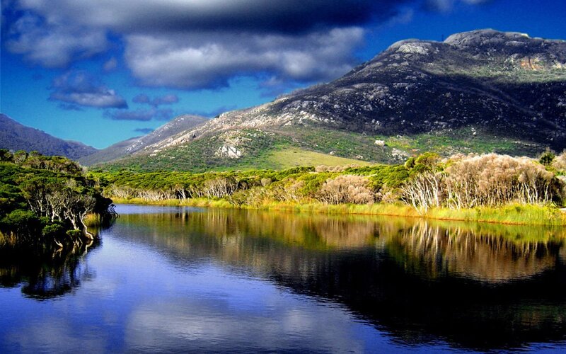 Mountain Lake Landscape — Blue, Dramatic, Afternoon, Photograph, Mountains, Trees, Sky