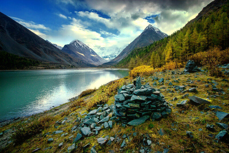 Mountain Lake Landscape — Blue, Dramatic, Afternoon, Photograph, Mountains, Trees, Stone Cairn