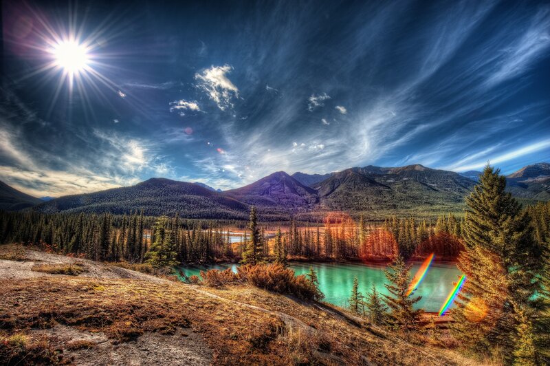 Mountain Lake Landscape — Blue, Dramatic, Afternoon, Photograph, Sun, Clouds, Trees