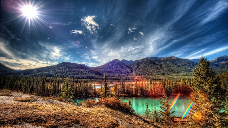 Mountain Lake Landscape — Blue, Dramatic, Afternoon, Photograph, Sun, Trees