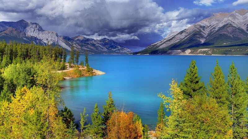 Mountain Lake Landscape — Blue, Dramatic, Afternoon, Photograph, Trees, Mountains, Clouds