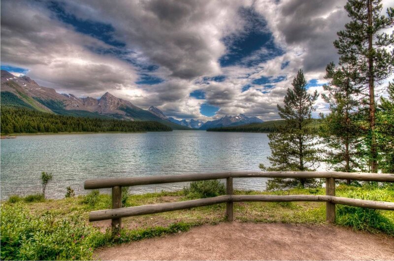 Mountain Lake Landscape — Blue, Dramatic, Afternoon, Photograph, Trees, Mountains, Fence