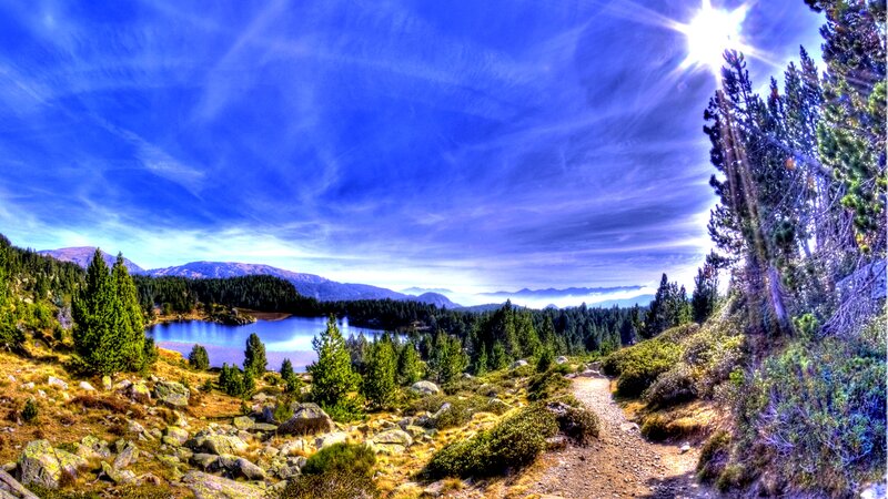 Mountain Lake Landscape — Blue, Dramatic, Afternoon, Photograph, Trees, Path