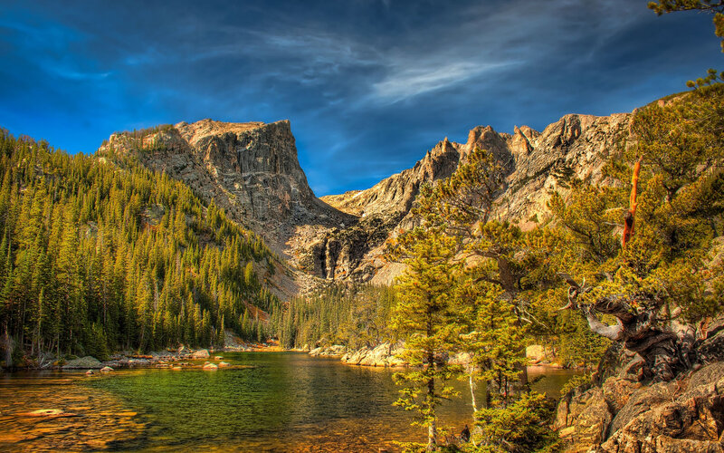 Mountain Lake Landscape — Blue, Dramatic, Afternoon, Photograph, Trees, Rocks, Sky