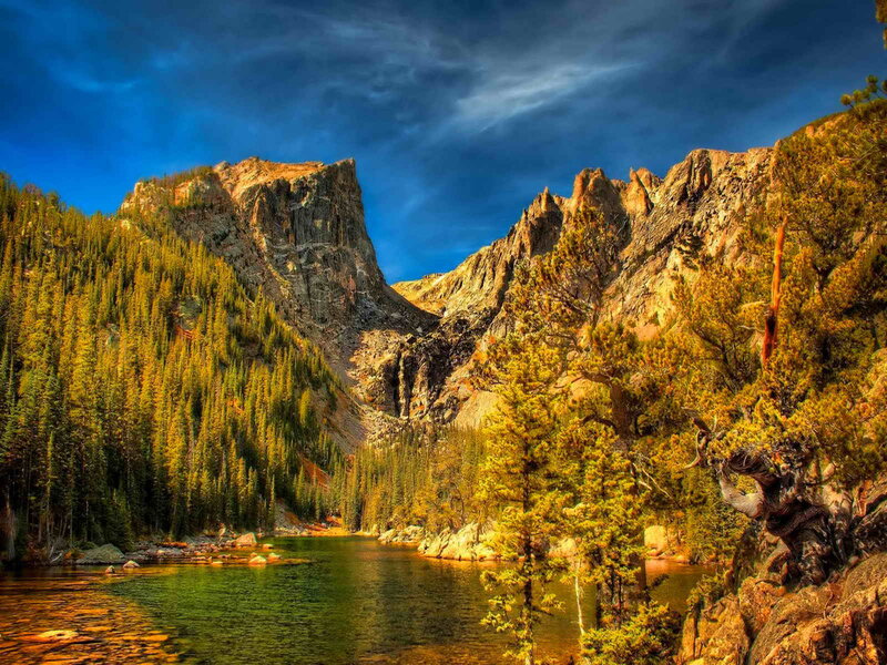 Mountain Lake Landscape — Blue, Dramatic, Afternoon, Photograph, Trees, Rocks