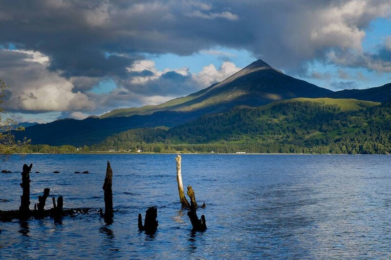 Mountain Lake Landscape — Blue, Dramatic, Afternoon, Photograph, Trees, Stumps