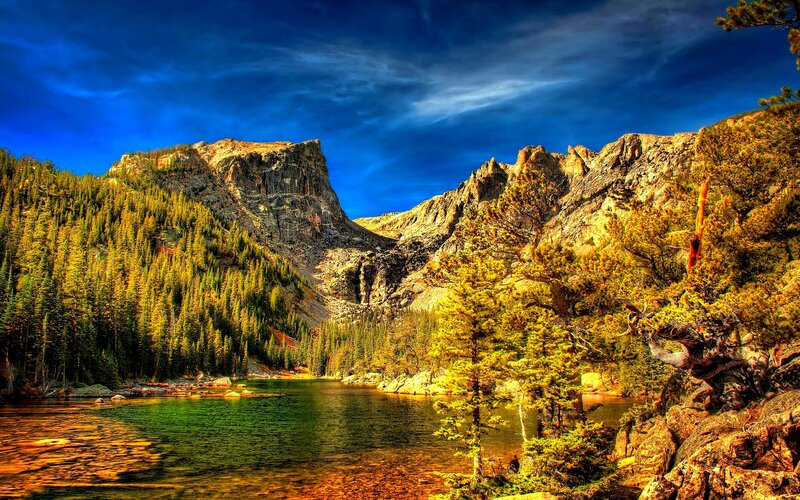 Mountain Lake Landscape — Blue, Dramatic, Afternoon, Photograph, Trees