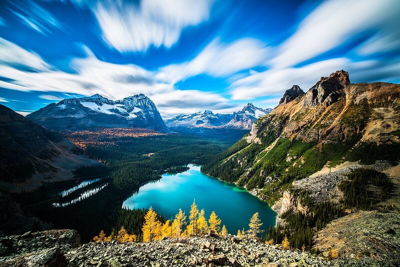 Mountain Lake Landscape — Blue, Dramatic, Autumn, Photograph, Mountains, Trees, Sky