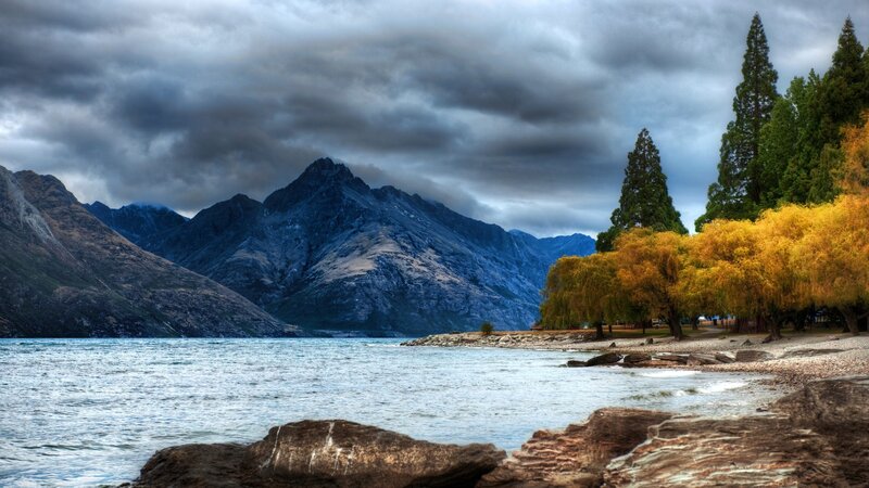 Mountain Lake Landscape — Blue, Dramatic, Autumn, Photograph, Mountains, Trees