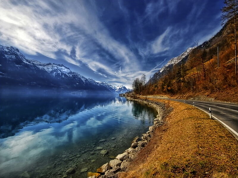 Mountain Lake Landscape — Blue, Dramatic, Autumn, Photograph, Road