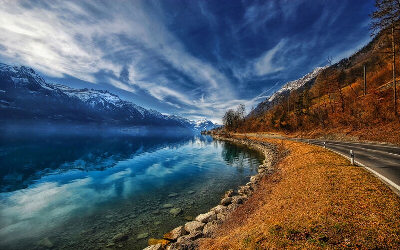 Mountain Lake Landscape — Blue, Dramatic, Autumn, Photograph, Road, Trees