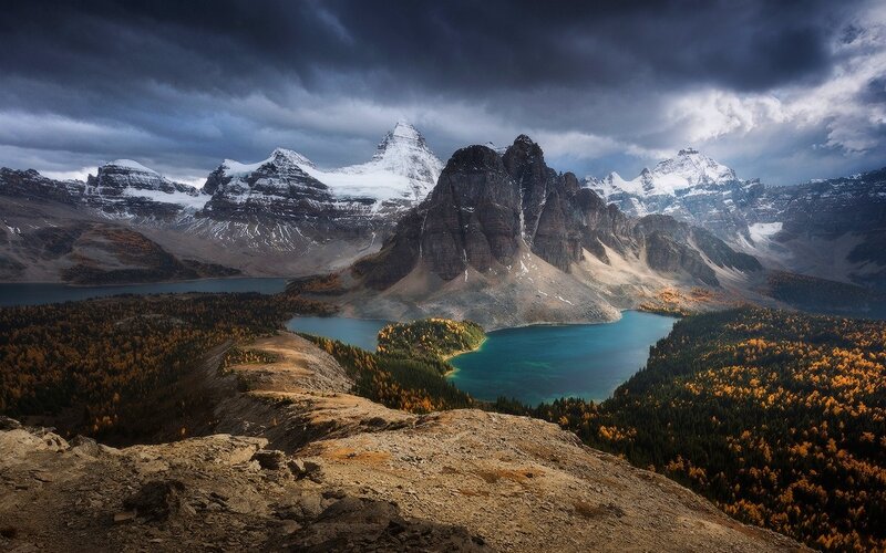 Mountain Lake Landscape — Blue, Dramatic, Autumn, Photograph, Snow-capped Peaks