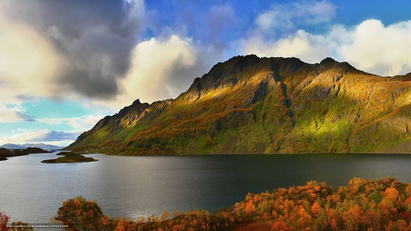 Mountain Lake Landscape — Blue, Dramatic, Autumn, Photograph, Trees, Clouds