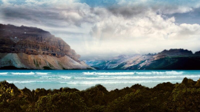 Mountain Lake Landscape — Blue, Dramatic, Digital Art